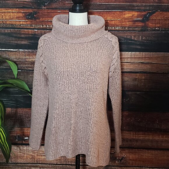 Relativity Sweater Cowl Turtleneck M Pink Soft Laced Shoulder Accents - Picture 7 of 10